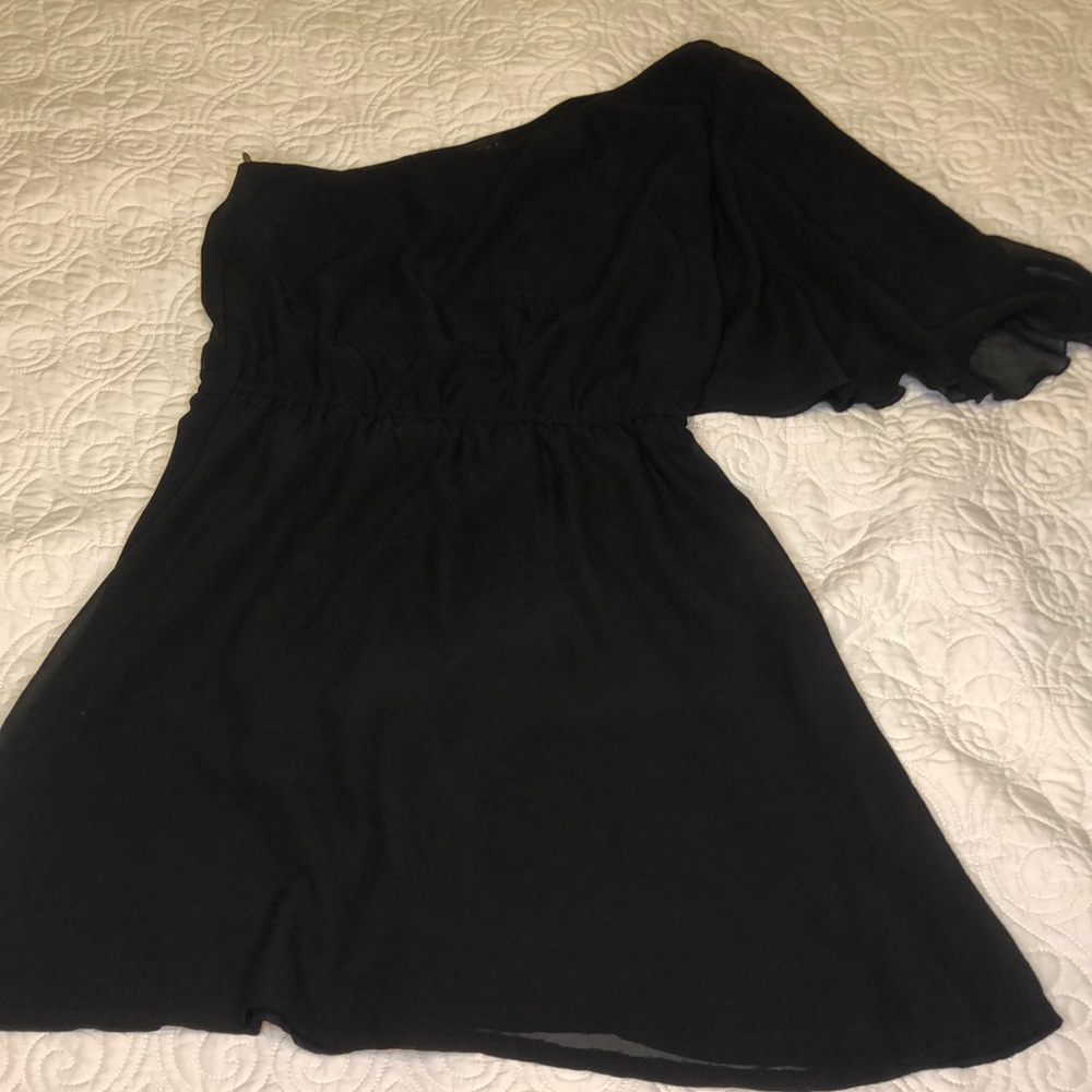One shoulder flowy little black dress